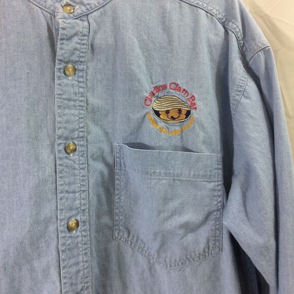 Munsingwear 90s Collarless Denim Shirt Claudio’s Clam Bar Logo Medium Singapore - Picture 2 of 6